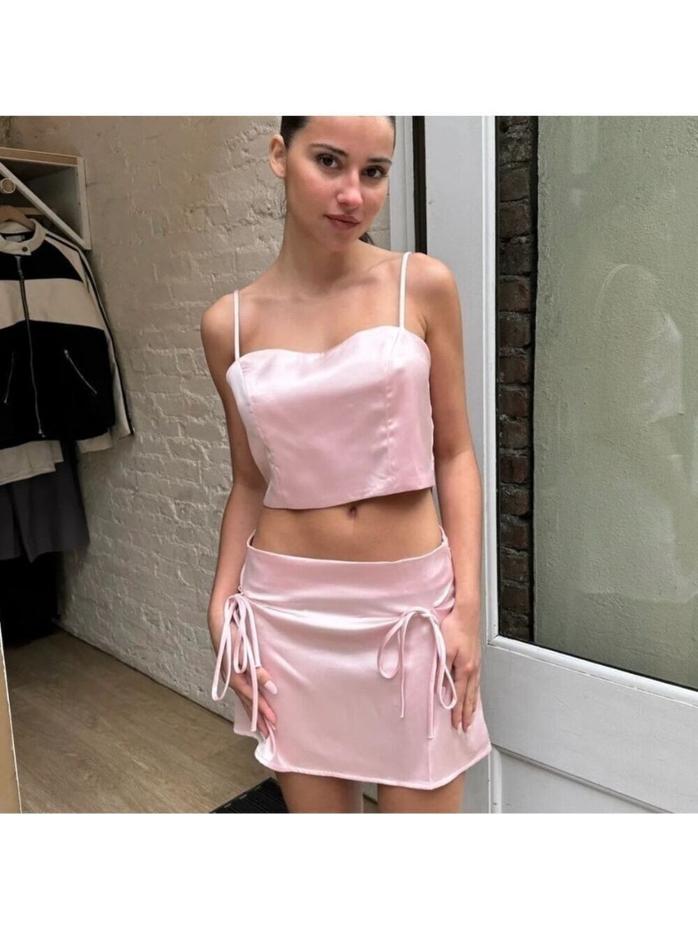 Storets Womens NEW Rosie Satin Pink Mini Skirt with Bow Details
